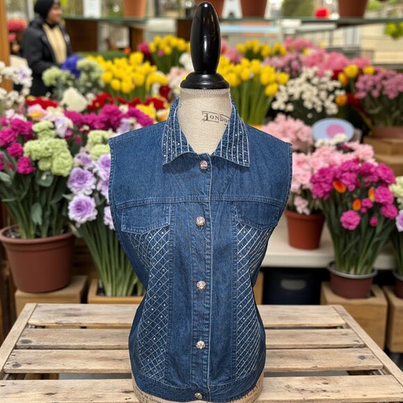 Saint Germain Blue Sparkle Lightweight Vintage Denim Vest w Sparkly Buttons L - Picture 1 of 14